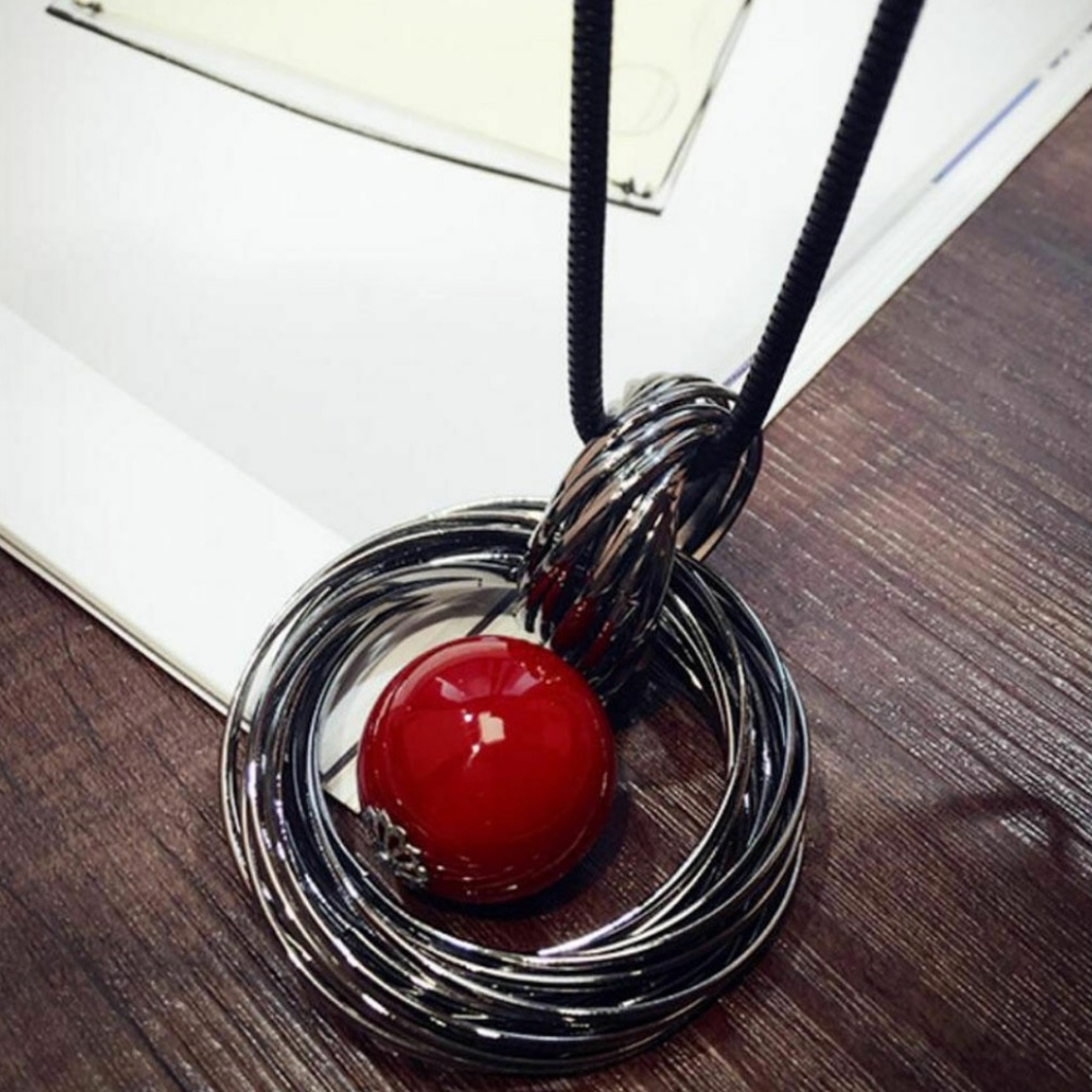 Cord Gun Metal Rings & Red Pendant Necklace New